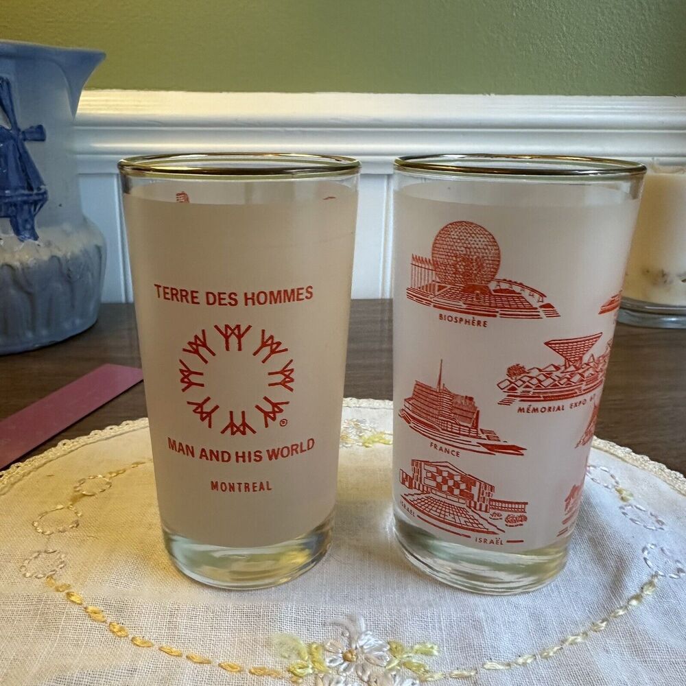 1967 Montreal World’s Fair Collectible Glasses Frosted With Red Design Gold Rim